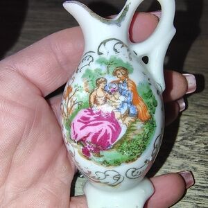 Vintage Enesco Mini Porcelain Pitcher Bud Vase Courting Couple Japan Gold Trim